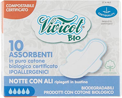 10 Assorbenti Ali Notte Rivestimento Cotone Bio Compostabile